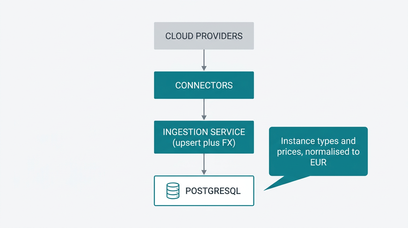 Provider APIs flow into Connectors, then Ingestion Service (upsert and FX) into PostgreSQL — instance types and prices, normalised to EUR.